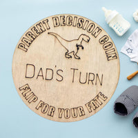 Dinosaur Themed Wooden Parent Decision Coin – 3x3 Inches Engraved Baby Design | Custom Name "Mom's Turn" & "Dad's Turn" New Parent Gift