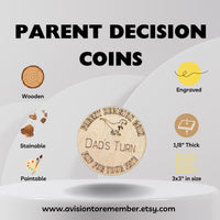 Dinosaur Themed Wooden Parent Decision Coin – 3x3 Inches Engraved Baby Design | Custom Name "Mom's Turn" & "Dad's Turn" New Parent Gift
