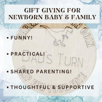 Dinosaur Themed Wooden Parent Decision Coin – 3x3 Inches Engraved Baby Design | Custom Name "Mom's Turn" & "Dad's Turn" New Parent Gift