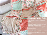 Baby Girl Rag Quilt, Floral Boho Comforter, Coral Pink, Mint Green, and Tan Nursery Decor, Baby Shower Gift for Girls