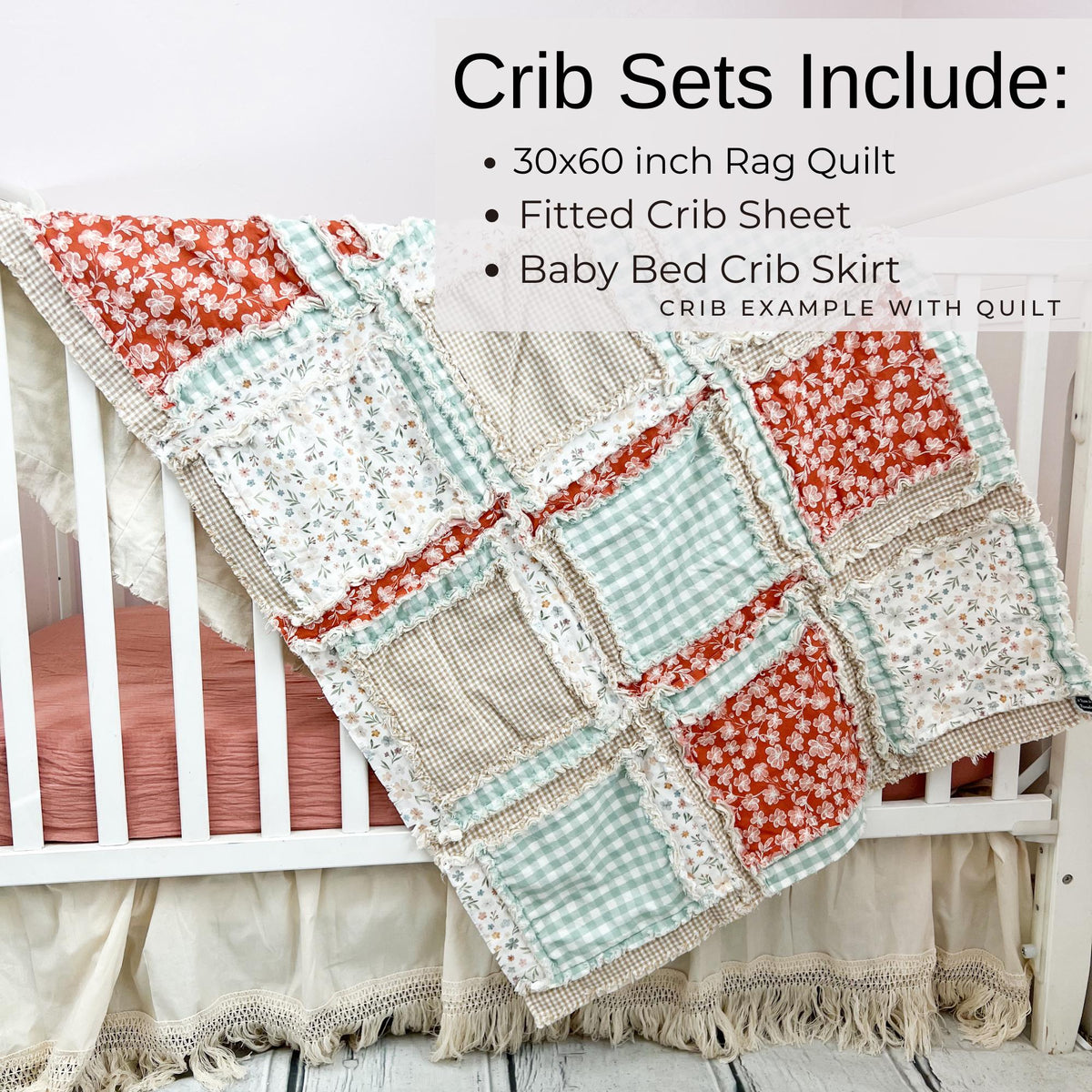 Floral Crib Bedding Baby Girl Nursery Set| Rust, Cream, Sage Green Handmade Infant Boho Blanket Decor | Rustic Shower Gift Newborn & New Mom - A Vision to Remember