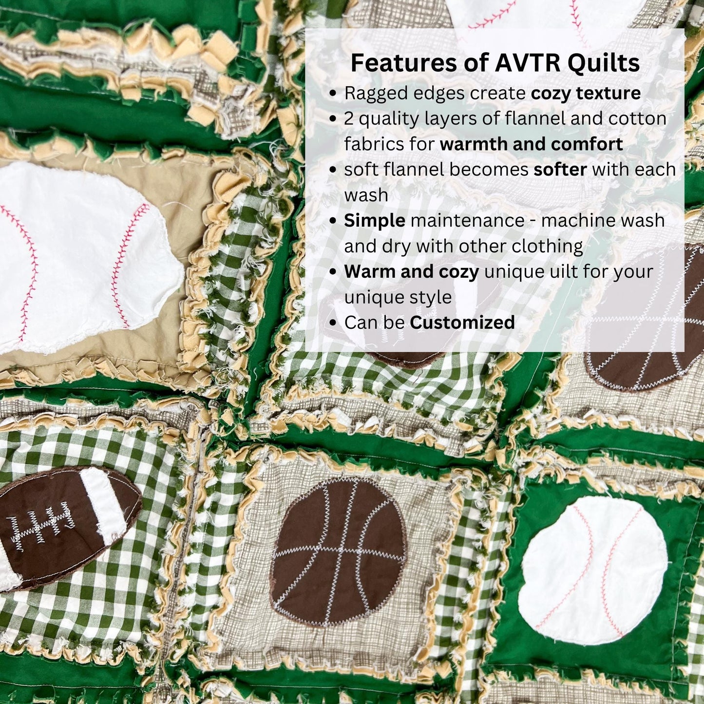 Crib Set Sports Theme Rag Quilts for Sale | Plaid Gingham Nursery Green Tan Customer Blankets | Football, Basketball, Baseball Comforters - A Vision to Remember