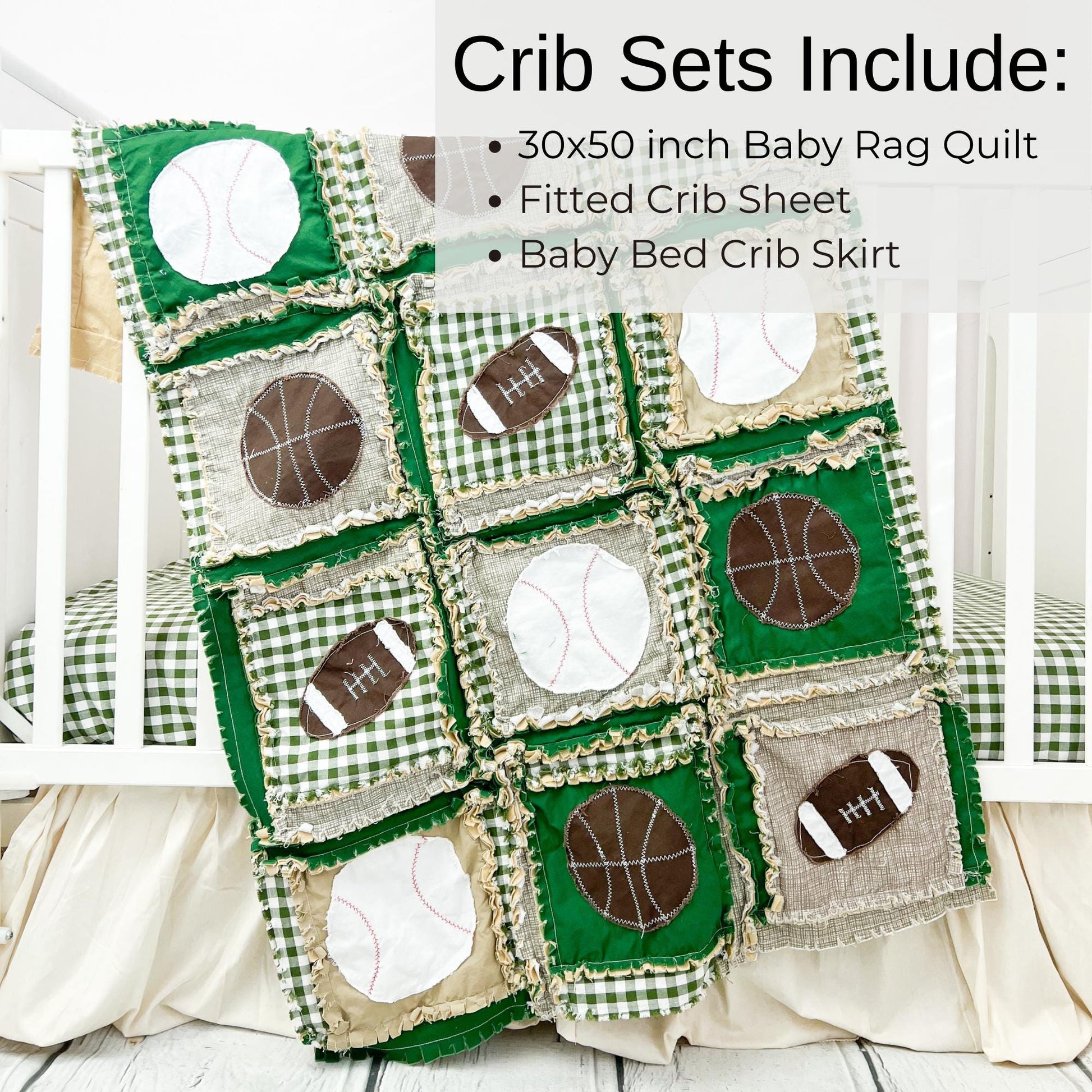 Crib Set Sports Theme Rag Quilts for Sale | Plaid Gingham Nursery Green Tan Customer Blankets | Football, Basketball, Baseball Comforters - A Vision to Remember