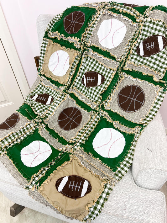 Crib Set Sports Theme Rag Quilts for Sale | Plaid Gingham Nursery Green Tan Customer Blankets | Football, Basketball, Baseball Comforters - A Vision to Remember