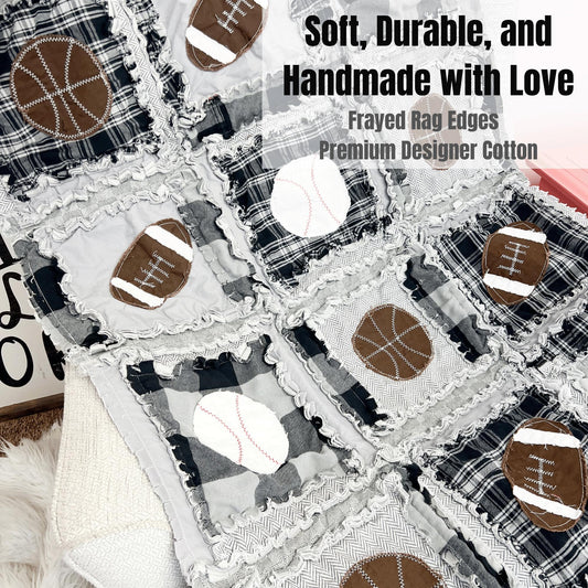 Baby Boy Quilt Sports Theme Gray Plaid Crib Blanket Gift for Newborn Baby Shower Handmade Quilt Football Baseball Basketball Bedding - A Vision to Remember