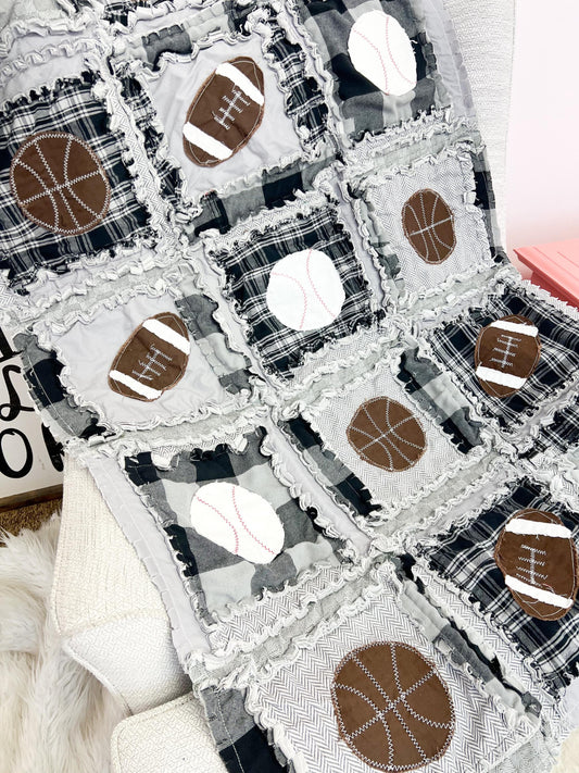 Baby Boy Quilt Sports Theme Gray Plaid Crib Blanket Gift for Newborn Baby Shower Handmade Quilt Football Baseball Basketball Bedding - A Vision to Remember