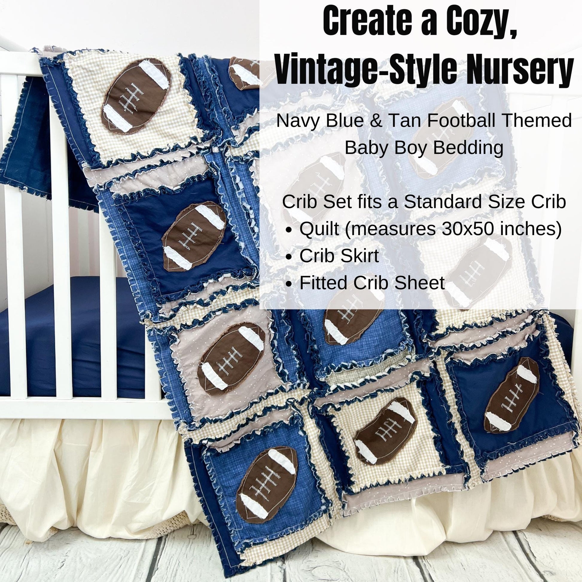 Football Baby Quilt | Navy Blue & Tan Rag Quilt | Baby Shower Gift | Crib Bedding | Handmade Nursery Blanket | Toddler Quilt Option - A Vision to Remember