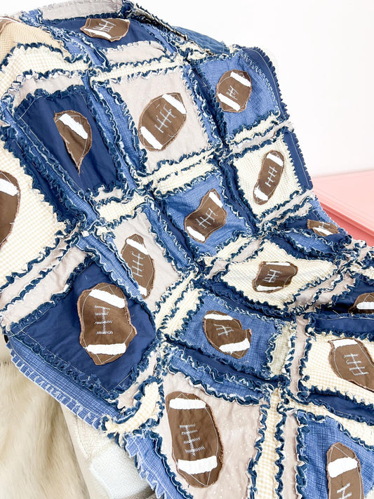 Football Baby Quilt | Navy Blue & Tan Rag Quilt | Baby Shower Gift | Crib Bedding | Handmade Nursery Blanket | Toddler Quilt Option - A Vision to Remember