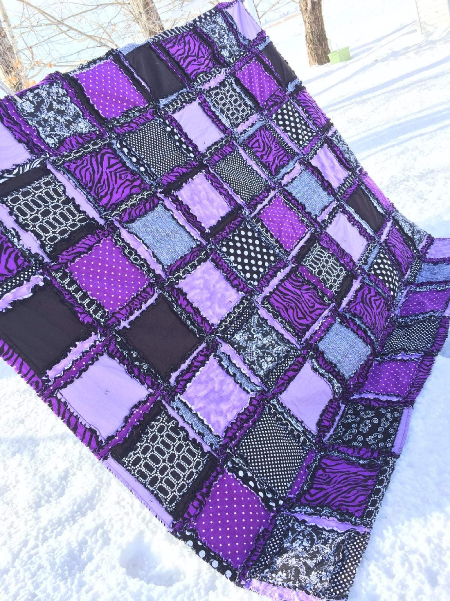 Dark Purple Rag Quilt | Black White Patchwork Quilt | Twin Size Rag Quilt | Zebra Bedroom Decor | Moody Punk Bedding Gift - A Vision to Remember