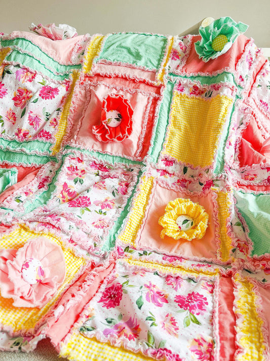 Flower Girl Crib Size Quilt, Toddler Bedspread | Yellow, Mint, Pink Ruffle Floral Baby Quilts for Sale | Infant Newborn Decor Unique Quilted - A Vision to Remember