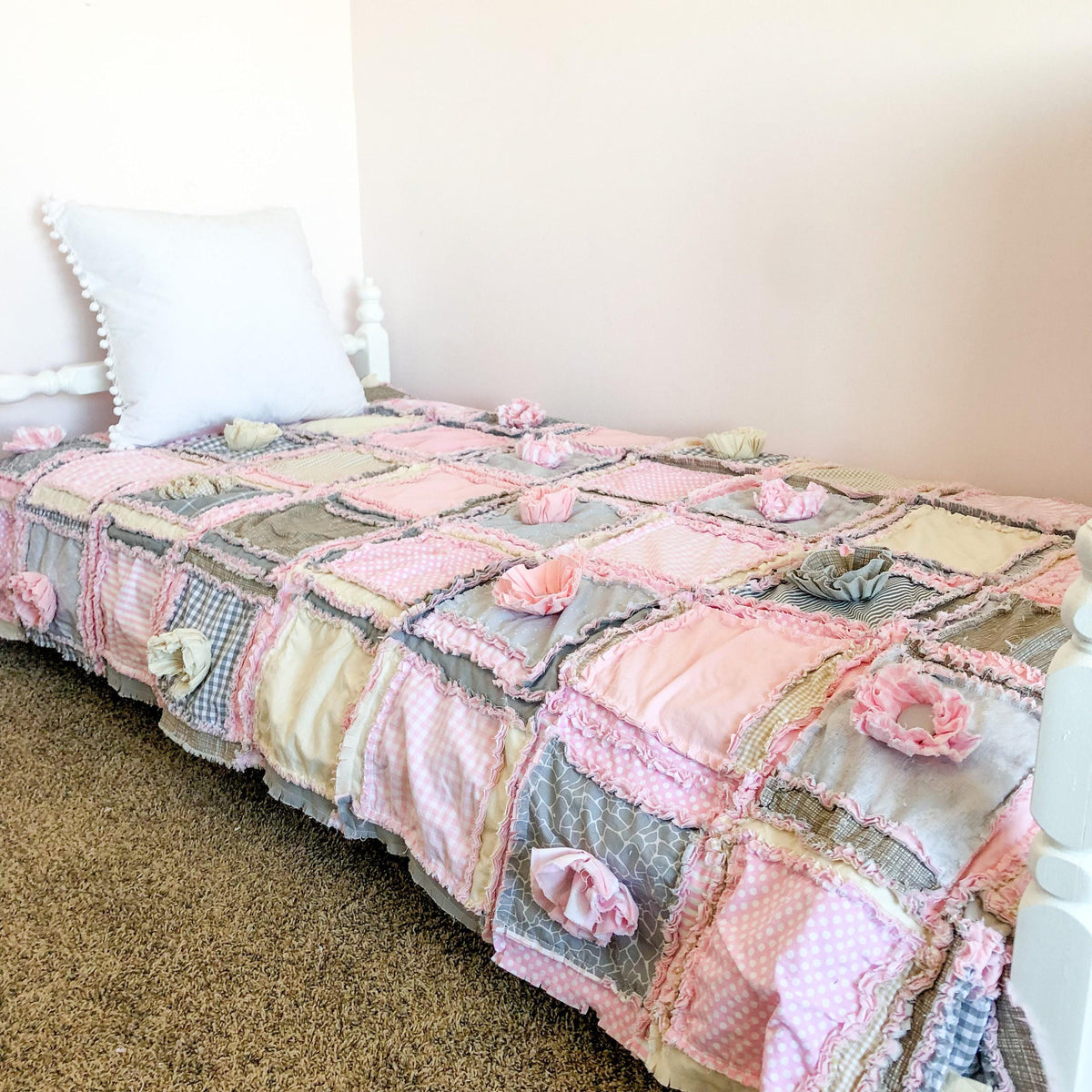 Pink Comforter Rag Quilts for Sale, Toddler Bedding Girl, Tan Floral Twin Bed Spread, Queen Size Quilts for Bedrooms - A Vision to Remember