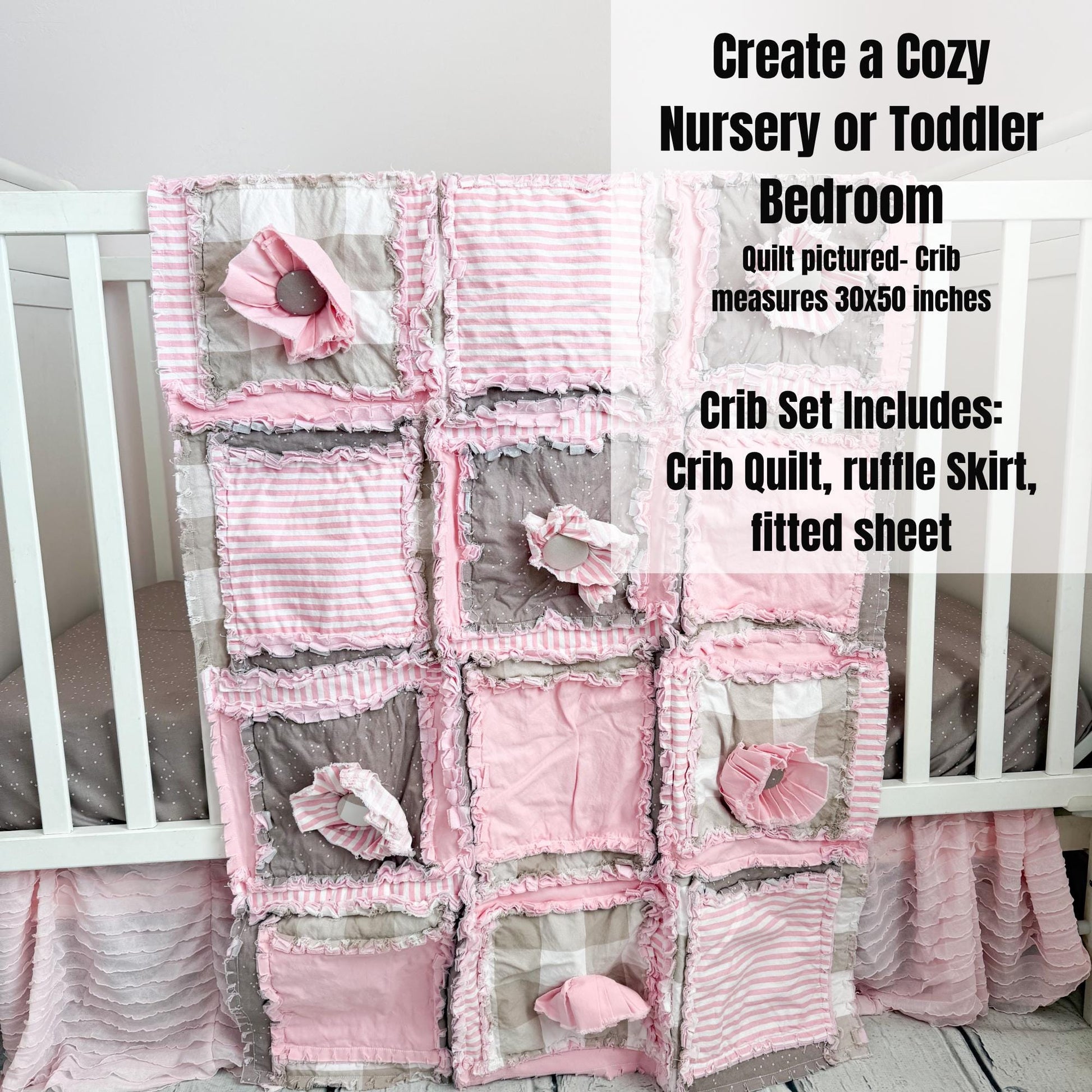 Pink Tan Ruffle Flower Blanket | Soft Feminine Baby Crib Quilt Bedding | Cozy Girl Bedroom Idea | Soft Flannel Throw | Handmade Nursery Gift - A Vision to Remember