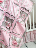 Pink Tan Ruffle Flower Blanket | Soft Feminine Baby Crib Quilt Bedding | Cozy Girl Bedroom Idea | Soft Flannel Throw | Handmade Nursery Gift - A Vision to Remember
