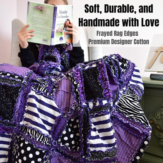 Dark Purple Rag Quilt | Black White Patchwork Quilt | Twin Size Rag Quilt | Zebra Bedroom Decor | Moody Punk Bedding Gift - A Vision to Remember