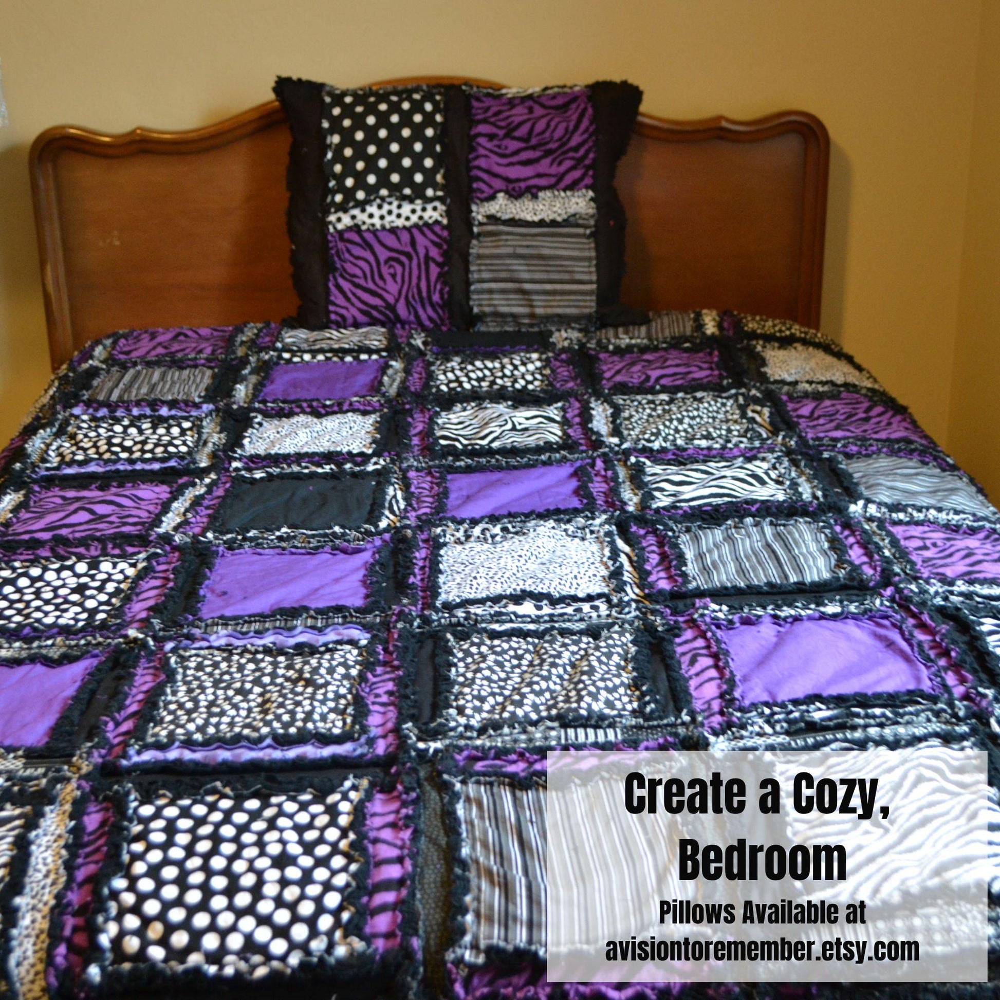 Dark Purple Rag Quilt | Black White Patchwork Quilt | Twin Size Rag Quilt | Zebra Bedroom Decor | Moody Punk Bedding Gift - A Vision to Remember