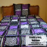 Dark Purple Rag Quilt | Black White Patchwork Quilt | Twin Size Rag Quilt | Zebra Bedroom Decor | Moody Punk Bedding Gift - A Vision to Remember