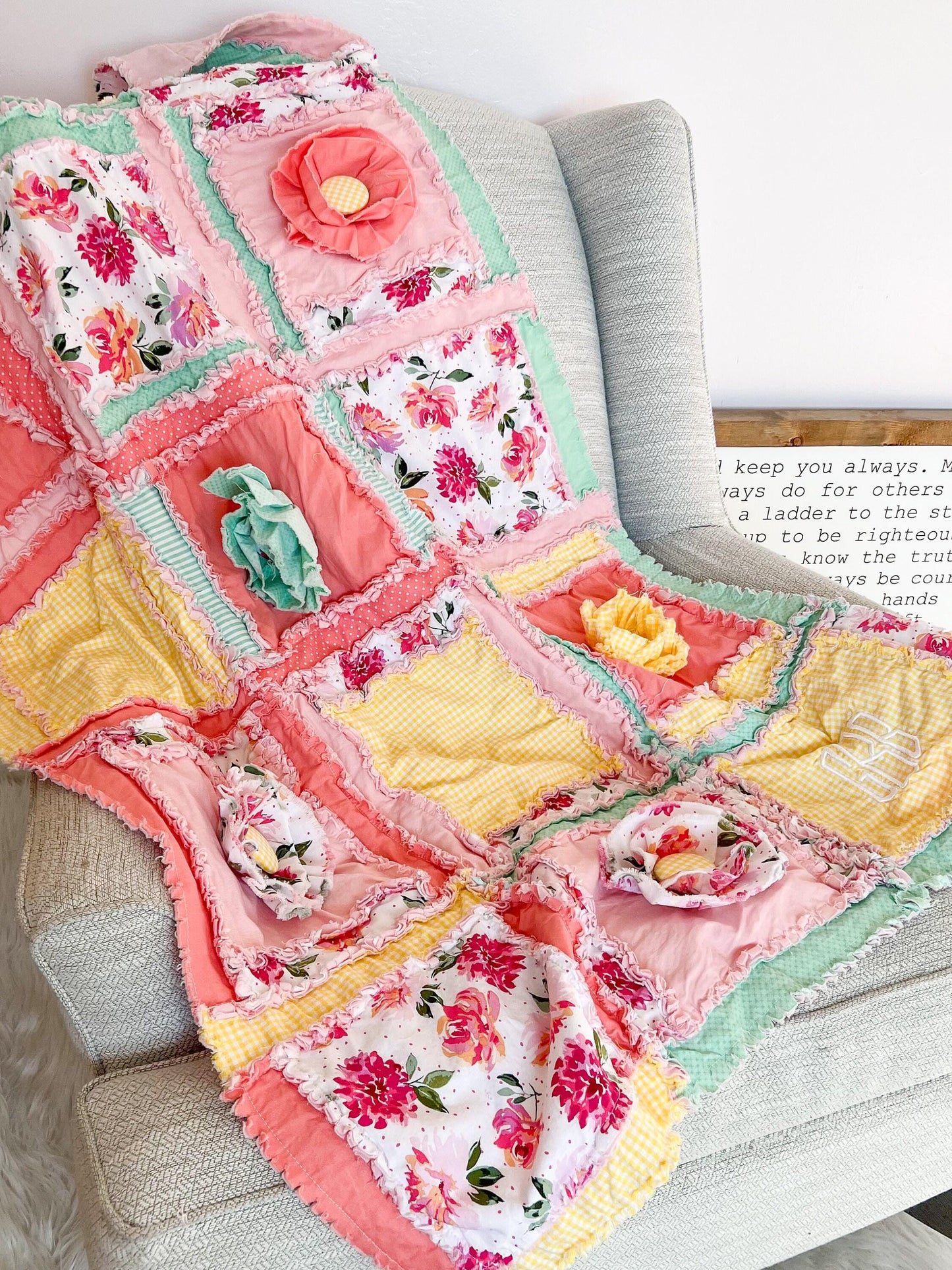 Flower Girl Crib Size Quilt, Toddler Bedspread | Yellow, Mint, Pink Ruffle Floral Baby Quilts for Sale | Infant Newborn Decor Unique Quilted - A Vision to Remember