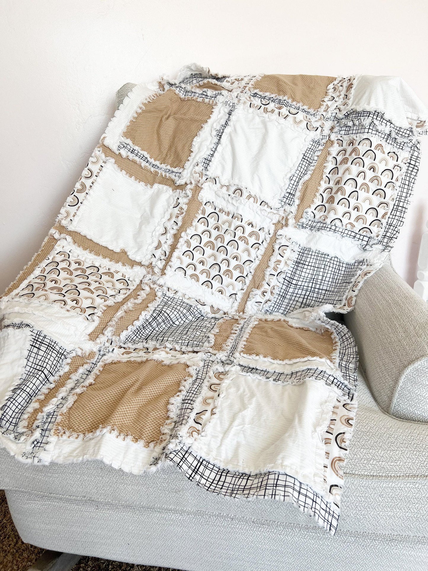 Baby Rag Quilt, Black and White Rainbow Baby Quilt, Neutral Baby Quilts, Tan Quilt for Sale Handmade for Baby - A Vision to Remember