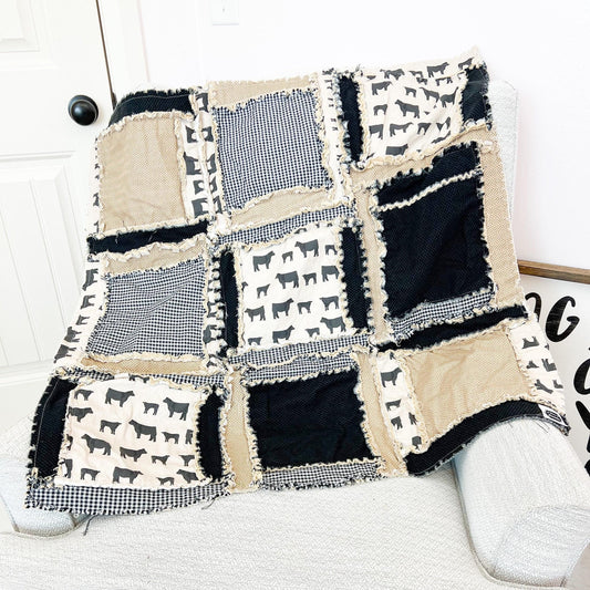 Cow Baby Blanket | Tan Black Angus Rag Quilt | Handmade Western Nursery Bedding | Cowboy Crib Quilt for Baby Boy Gift | Boys Room Comforter - A Vision to Remember