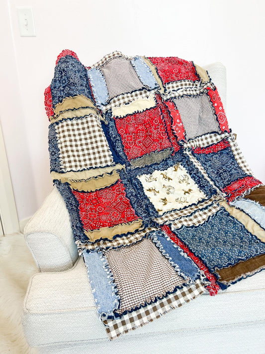 Cowboy Nursery Homemade Blankets, Western Bedding Boy, Horse Red & Blue Bandana Baby Rag Quilt Shower Gift - A Vision to Remember