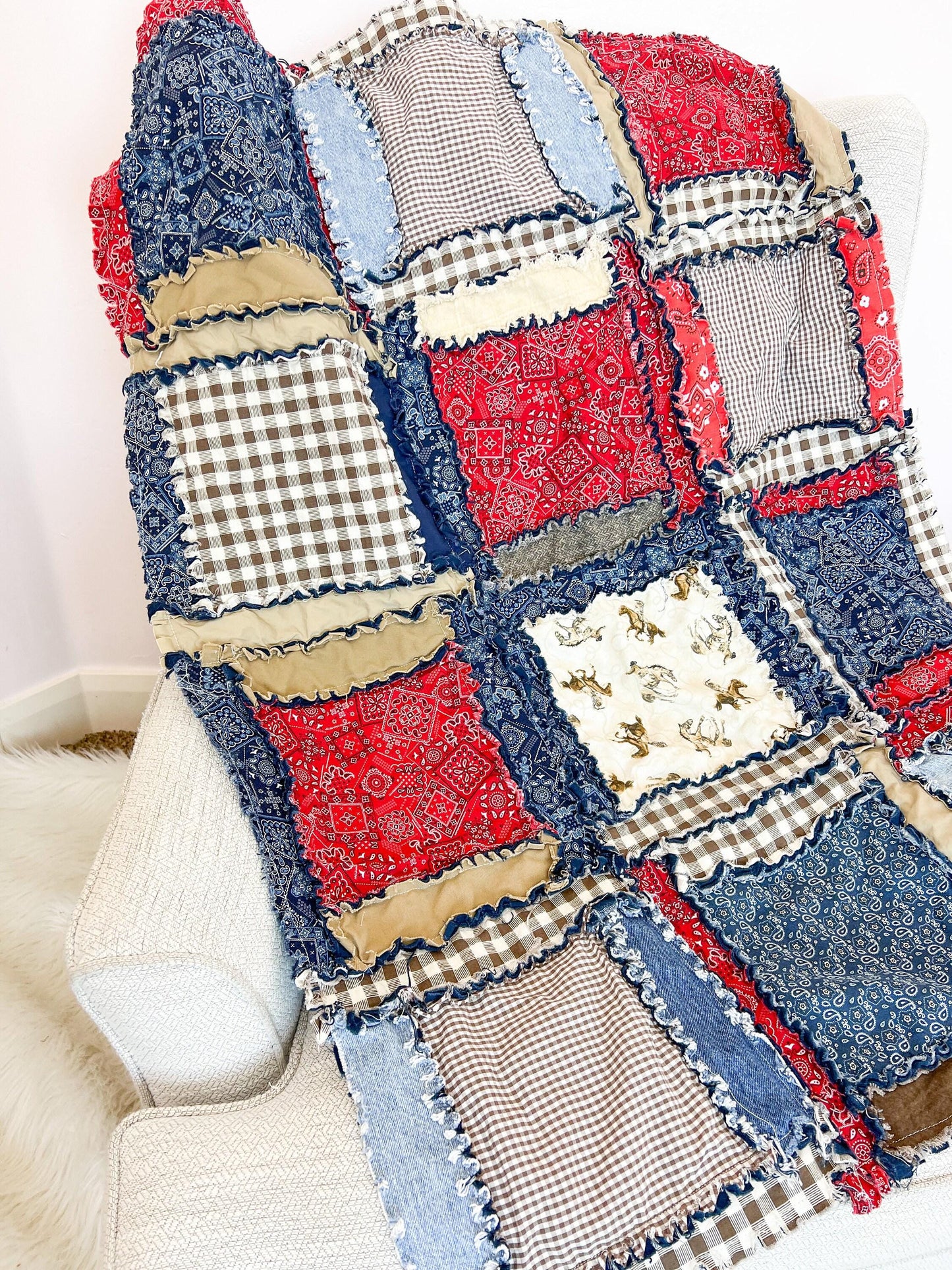 Cowboy Nursery Homemade Blankets, Western Bedding Boy, Horse Red & Blue Bandana Baby Rag Quilt Shower Gift - A Vision to Remember