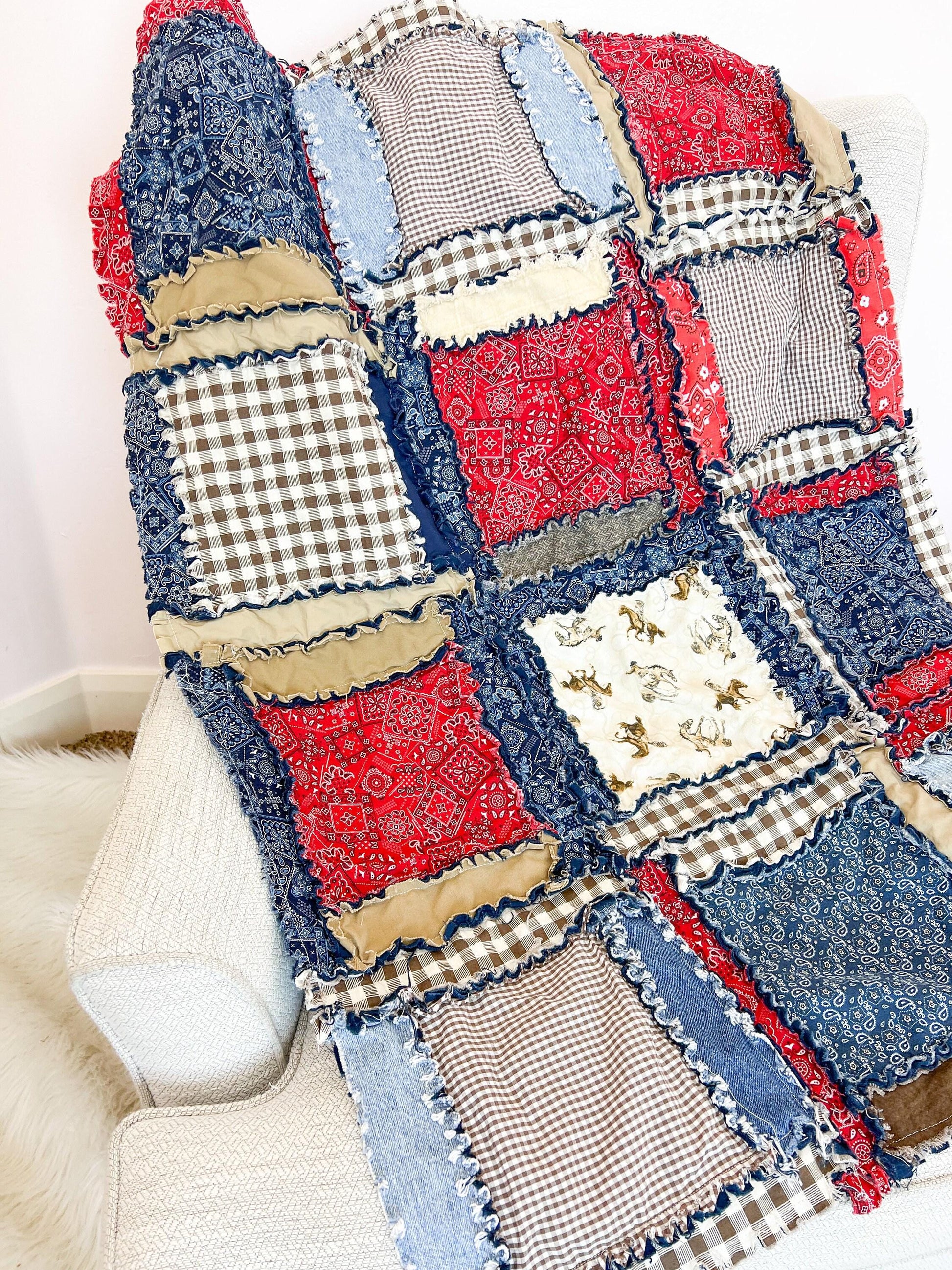 Cowboy Nursery Homemade Blankets, Western Bedding Boy, Horse Red & Blue Bandana Baby Rag Quilt Shower Gift - A Vision to Remember