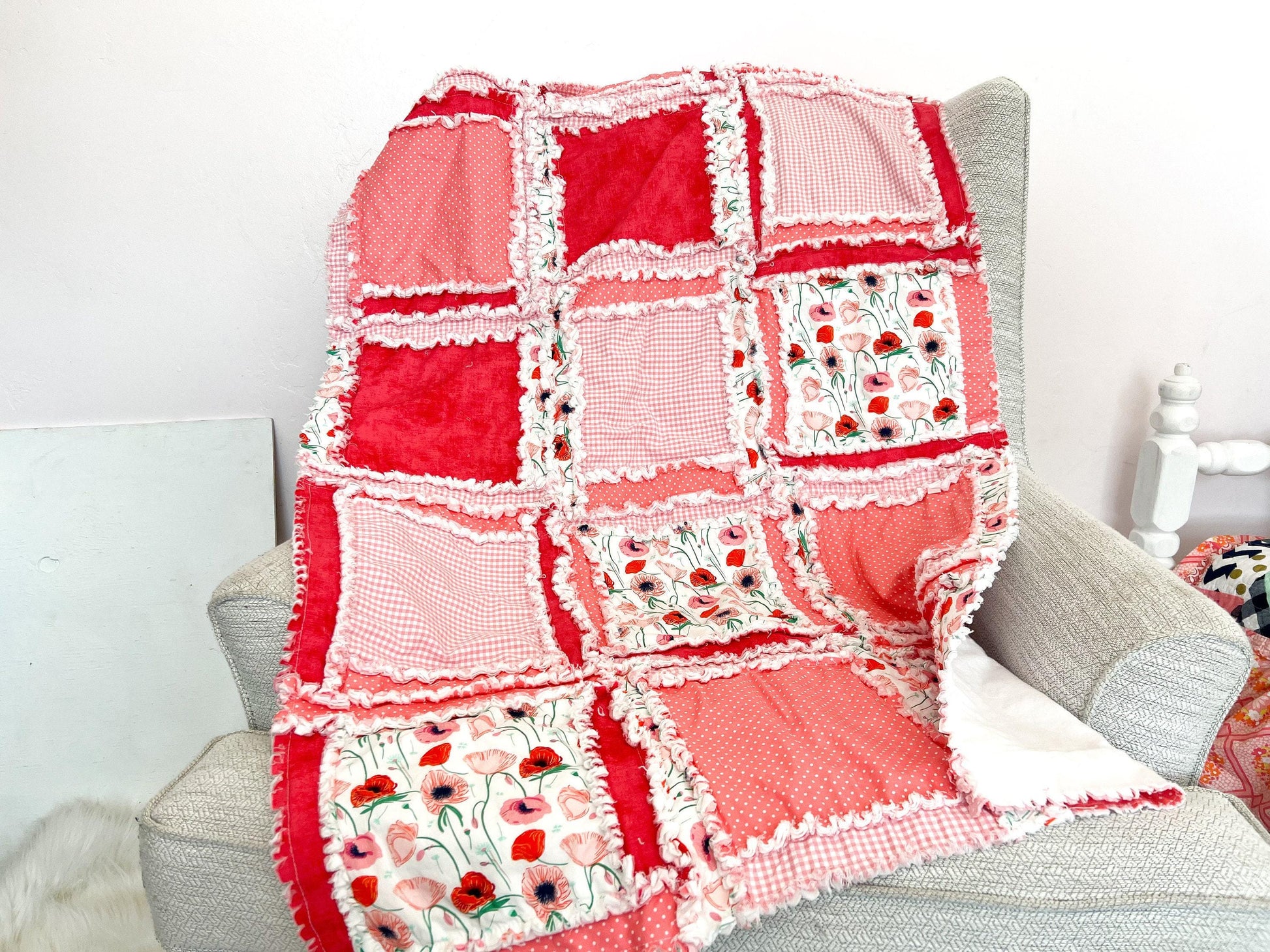 Poppy Floral Pink Baby Blanket | Baby Girl Rag Quilt | Flower Nursery Bedding | Toddler Bedding Gift for Girls | Sweet Pink Floral Blanket - A Vision to Remember