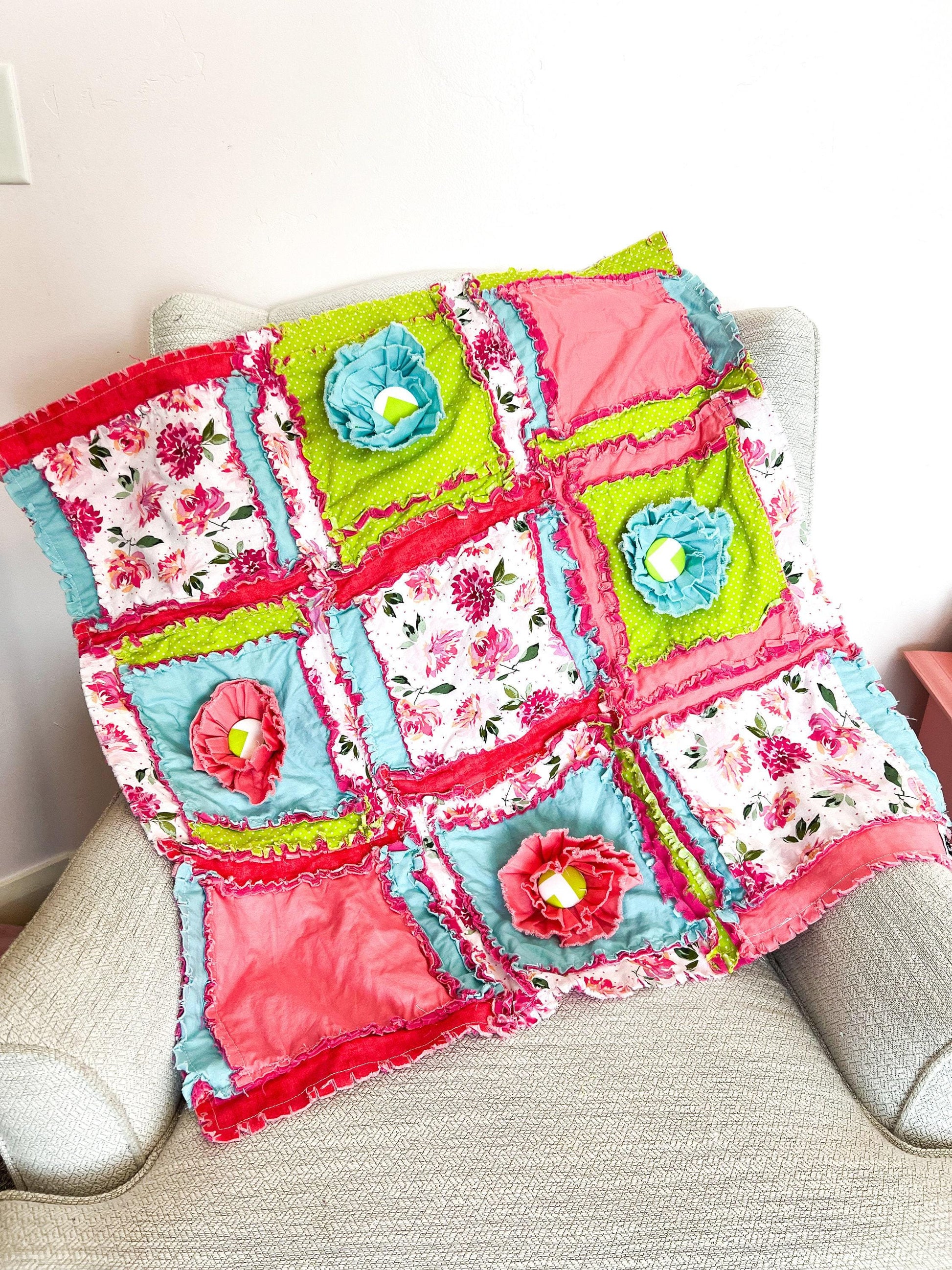Bright Girl Bedroom Baby Blanket | Pink Crib Bedding Girl Crib Size Quilts | Turquoise Blue, Lime Green, Hot Pinks Bedspread Nursery Decor - A Vision to Remember