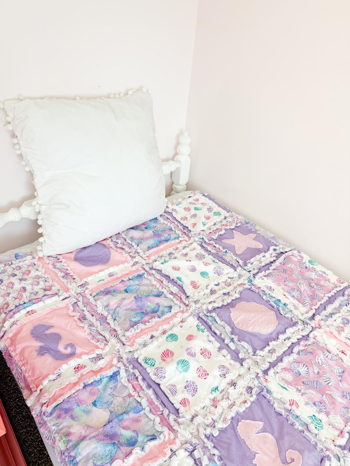Sea Creature Twin Quilt | Purple Pink Mermaid Full, Queen, King Ocean Theme Rag Quilts | Nautical Underwater Surf Bedspread | Nautical - A Vision to Remember