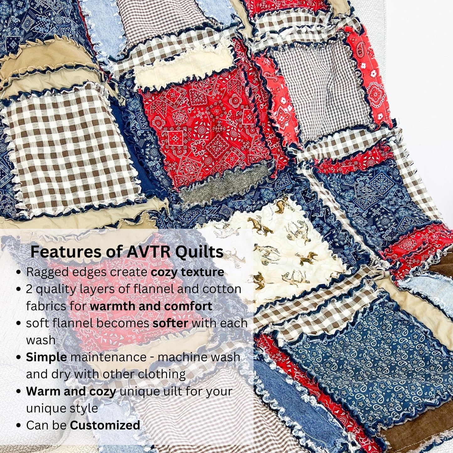 Cowboy Nursery Homemade Blankets, Western Bedding Boy, Horse Red & Blue Bandana Baby Rag Quilt Shower Gift - A Vision to Remember