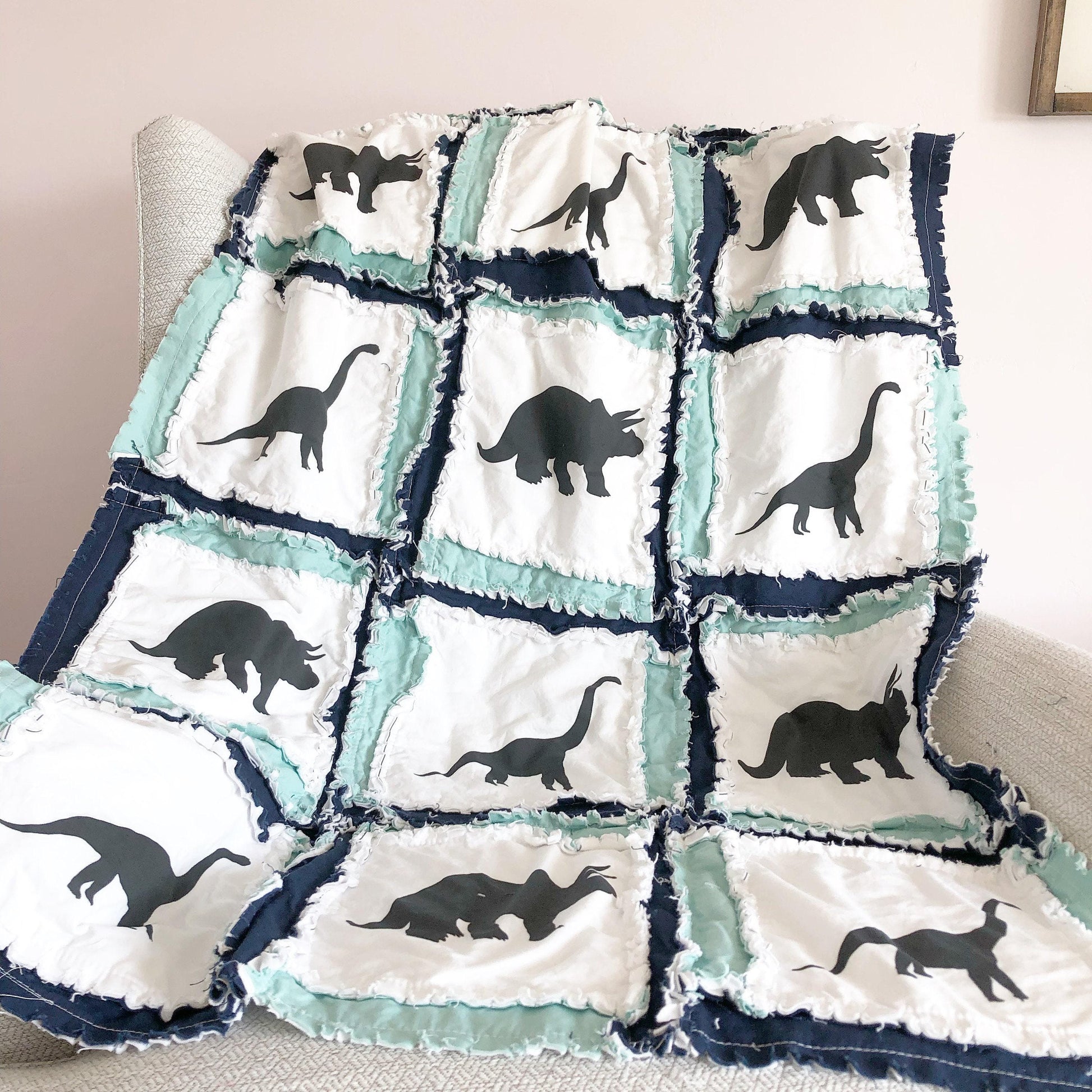 Dinosaur Rag Quilt Boys Bedding, Baby Boy Quilts, Rag Quilt Baby Quilts for Sale Homemade Quilts for Boys | Triceratops and Brontosaurus - A Vision to Remember