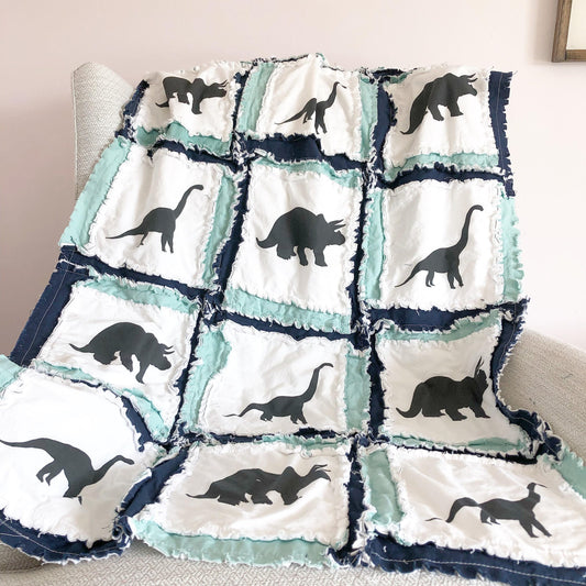 Dinosaur Rag Quilt Boys Bedding, Baby Boy Quilts, Rag Quilt Baby Quilts for Sale Homemade Quilts for Boys | Triceratops and Brontosaurus - A Vision to Remember