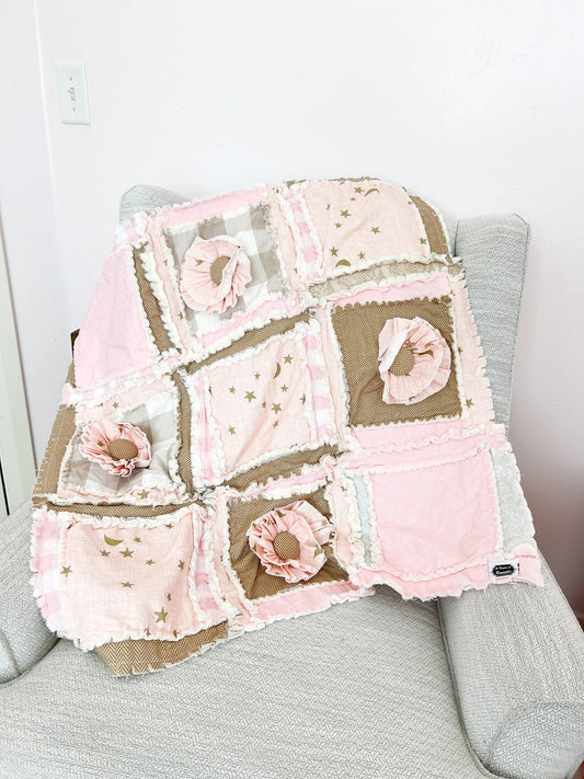 Handmade Pink Star Baby Rag Quilt: Floral Nursery Bedding | Baby Girl Quilt - A Vision to Remember