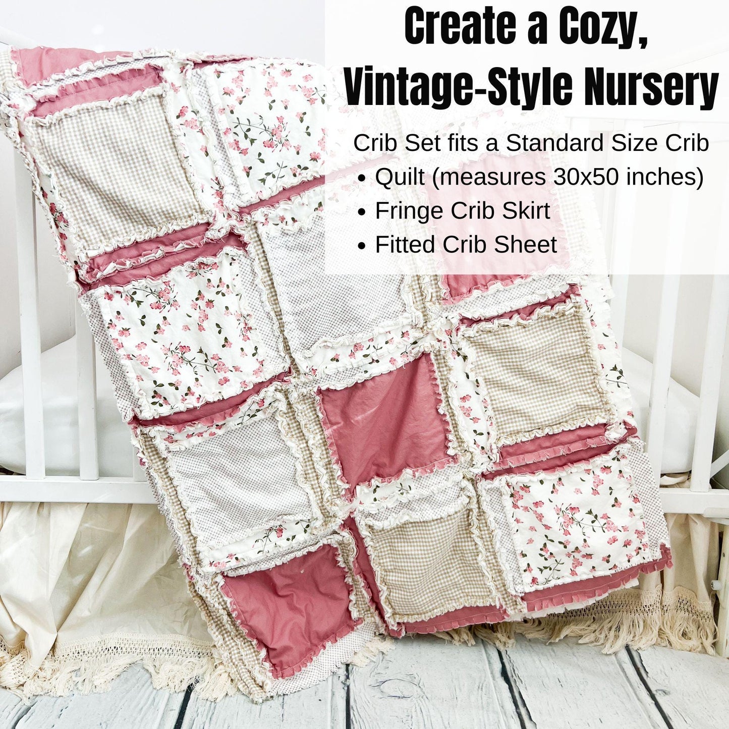 Mauve Nursery Set Girl Crib Size Quilt | Floral Pink Bedroom Soft Flower Blanket | Tan Plaid Bedding Earthy Baby Quilts | Female Rag Quilted - A Vision to Remember