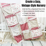 Mauve Nursery Set Girl Crib Size Quilt | Floral Pink Bedroom Soft Flower Blanket | Tan Plaid Bedding Earthy Baby Quilts | Female Rag Quilted - A Vision to Remember