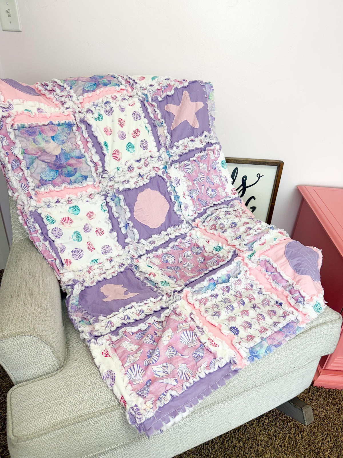 Beach Theme Nursery Ocean Baby Quilt – Nautical Crib Bedding, Seascape Blanket, Seashell Coastal Decor, Pink & Purple | New Mom Newborn Gift - A Vision to Remember