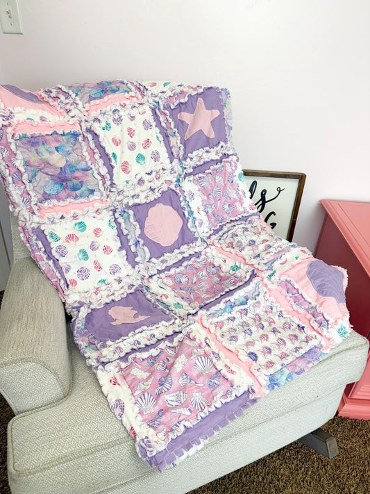 Beach Theme Nursery Ocean Baby Quilt – Nautical Crib Bedding, Seascape Blanket, Seashell Coastal Decor, Pink & Purple | New Mom Newborn Gift - A Vision to Remember