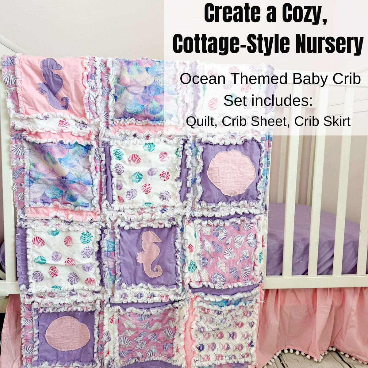 Beach Theme Nursery Ocean Baby Quilt – Nautical Crib Bedding, Seascape Blanket, Seashell Coastal Decor, Pink & Purple | New Mom Newborn Gift - A Vision to Remember