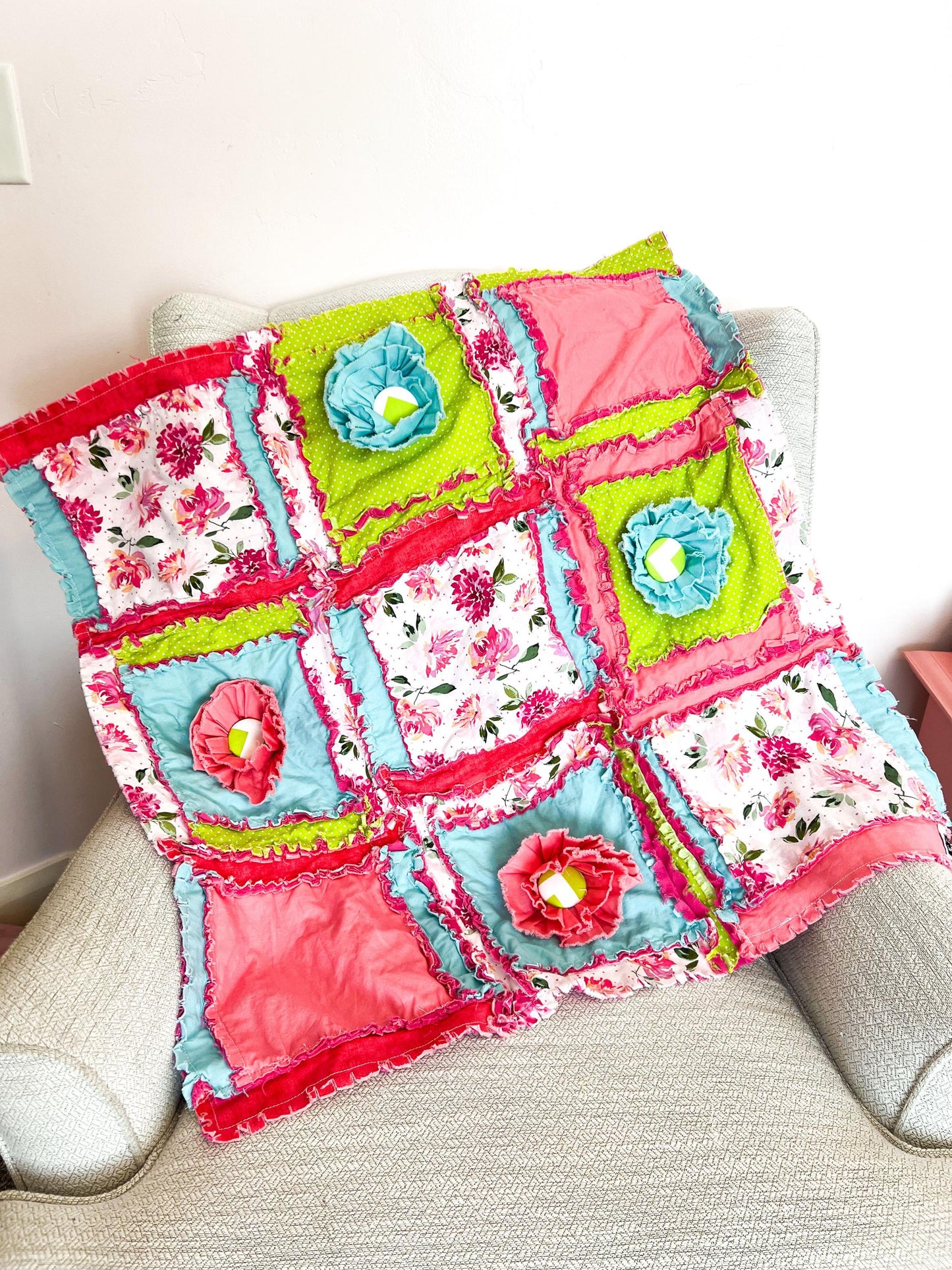 Bright Girl Bedroom Baby Blanket | Pink Crib Bedding Girl Crib Size Quilts | Turquoise Blue, Lime Green, Hot Pinks Bedspread Nursery Decor - A Vision to Remember