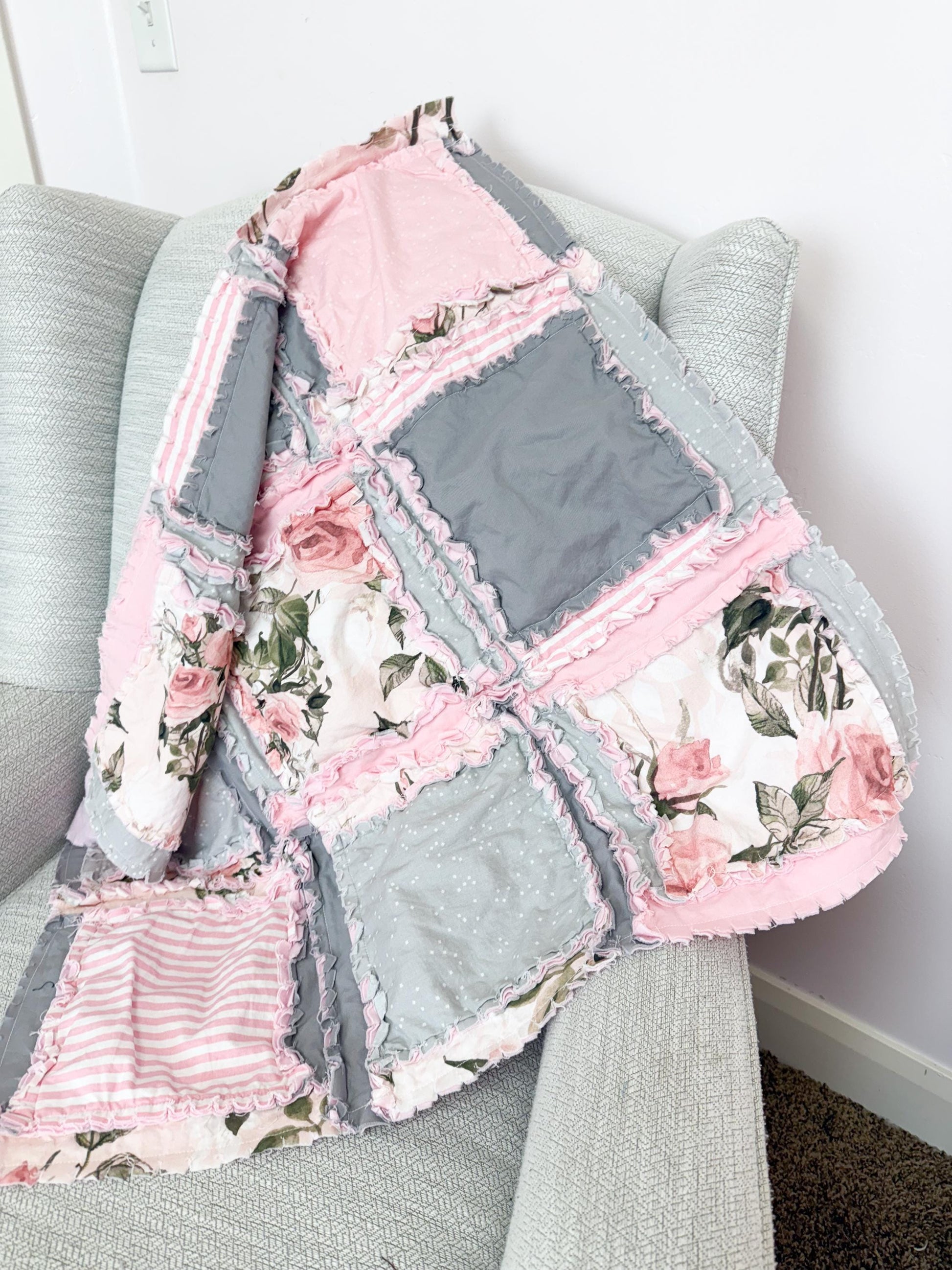 Pink Floral Blanket | Baby Girl Crib Bedding | Toddler Rag Quilt | Shabby Chic Patchwork Throw | Handmade Pastel Comforter - A Vision to Remember