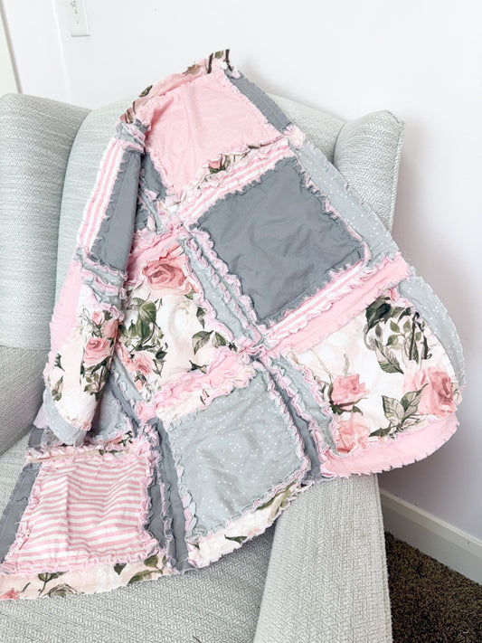 Pink Floral Blanket | Baby Girl Crib Bedding | Toddler Rag Quilt | Shabby Chic Patchwork Throw | Handmade Pastel Comforter - A Vision to Remember