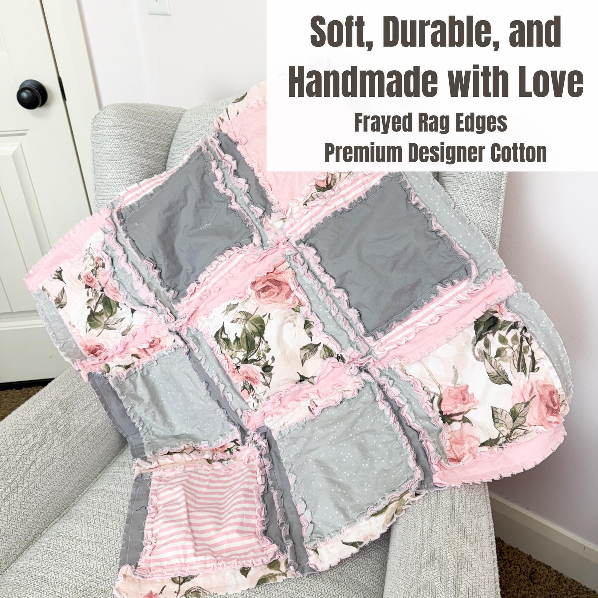 Pink Floral Blanket | Baby Girl Crib Bedding | Toddler Rag Quilt | Shabby Chic Patchwork Throw | Handmade Pastel Comforter - A Vision to Remember