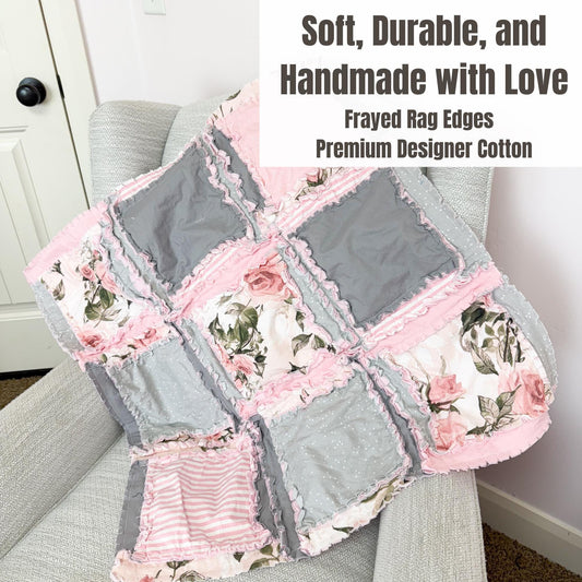 Pink Floral Blanket | Baby Girl Crib Bedding | Toddler Rag Quilt | Shabby Chic Patchwork Throw | Handmade Pastel Comforter - A Vision to Remember