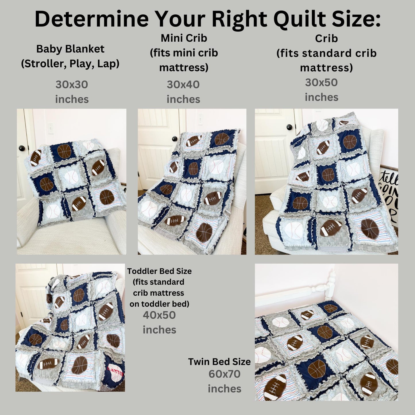 Sports Baby Blanket | Baseball Football Basketball Rag Quilt | Boy Crib Bedding | Toddler & Twin Sizes | Athletic Nursery Gift - A Vision to Remember