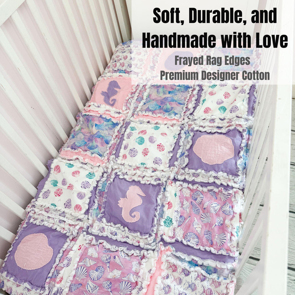 Beach Theme Nursery Ocean Baby Quilt – Nautical Crib Bedding, Seascape Blanket, Seashell Coastal Decor, Pink & Purple | New Mom Newborn Gift - A Vision to Remember
