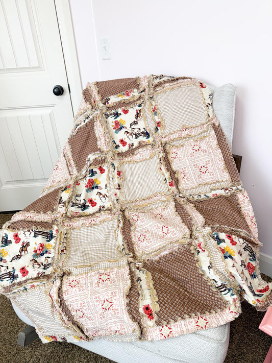 Cowgirl Quilt Western Girl Nursery | Mauve Pink & Brown Buckaroo Blanket | Floral Patchwork Bedding Gift Idea - A Vision to Remember