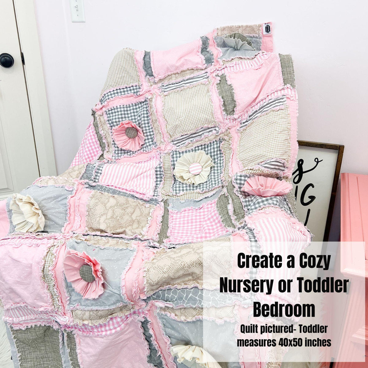Pink Comforter Rag Quilts for Sale, Toddler Bedding Girl, Tan Floral Twin Bed Spread, Queen Size Quilts for Bedrooms - A Vision to Remember