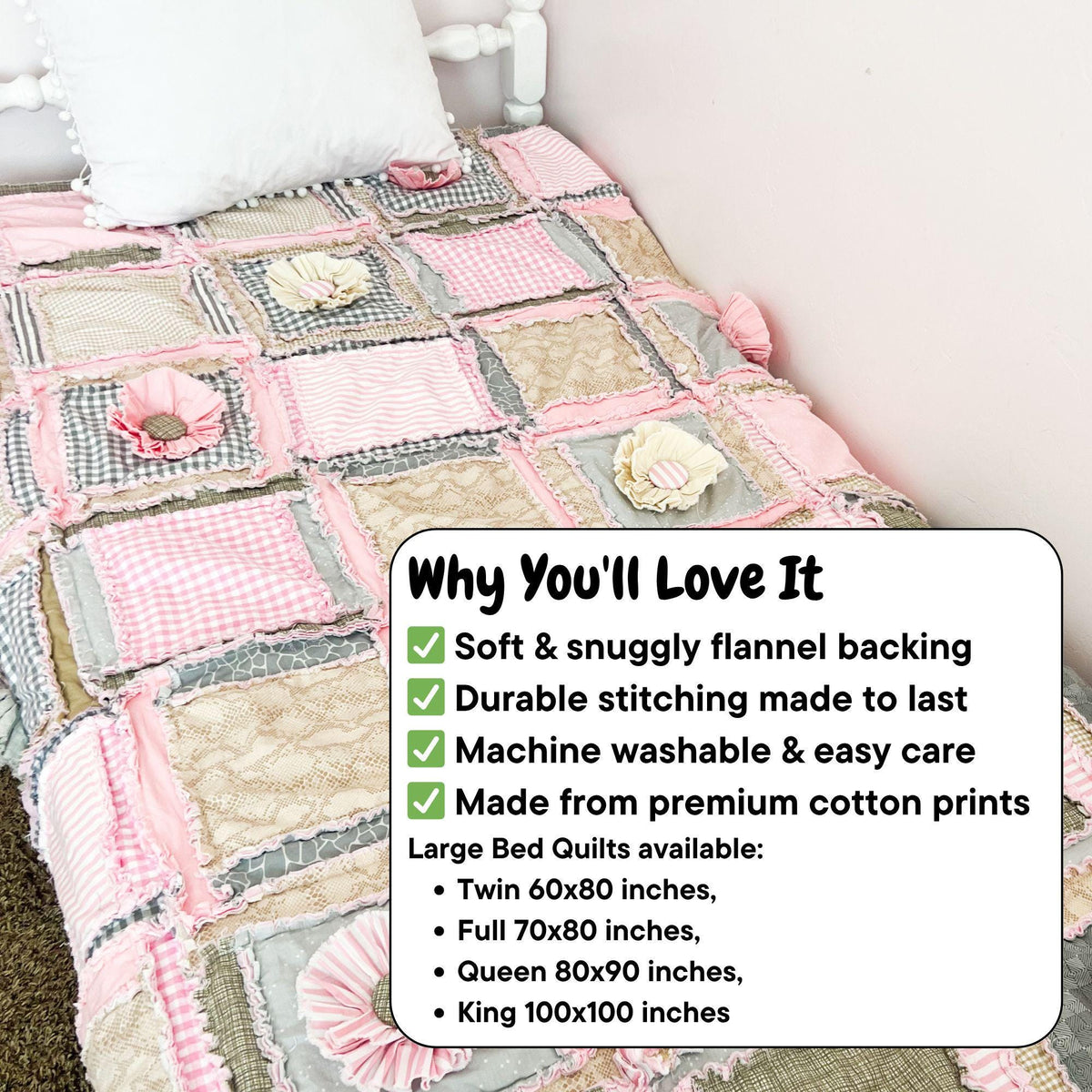Pink Comforter Rag Quilts for Sale, Toddler Bedding Girl, Tan Floral Twin Bed Spread, Queen Size Quilts for Bedrooms - A Vision to Remember