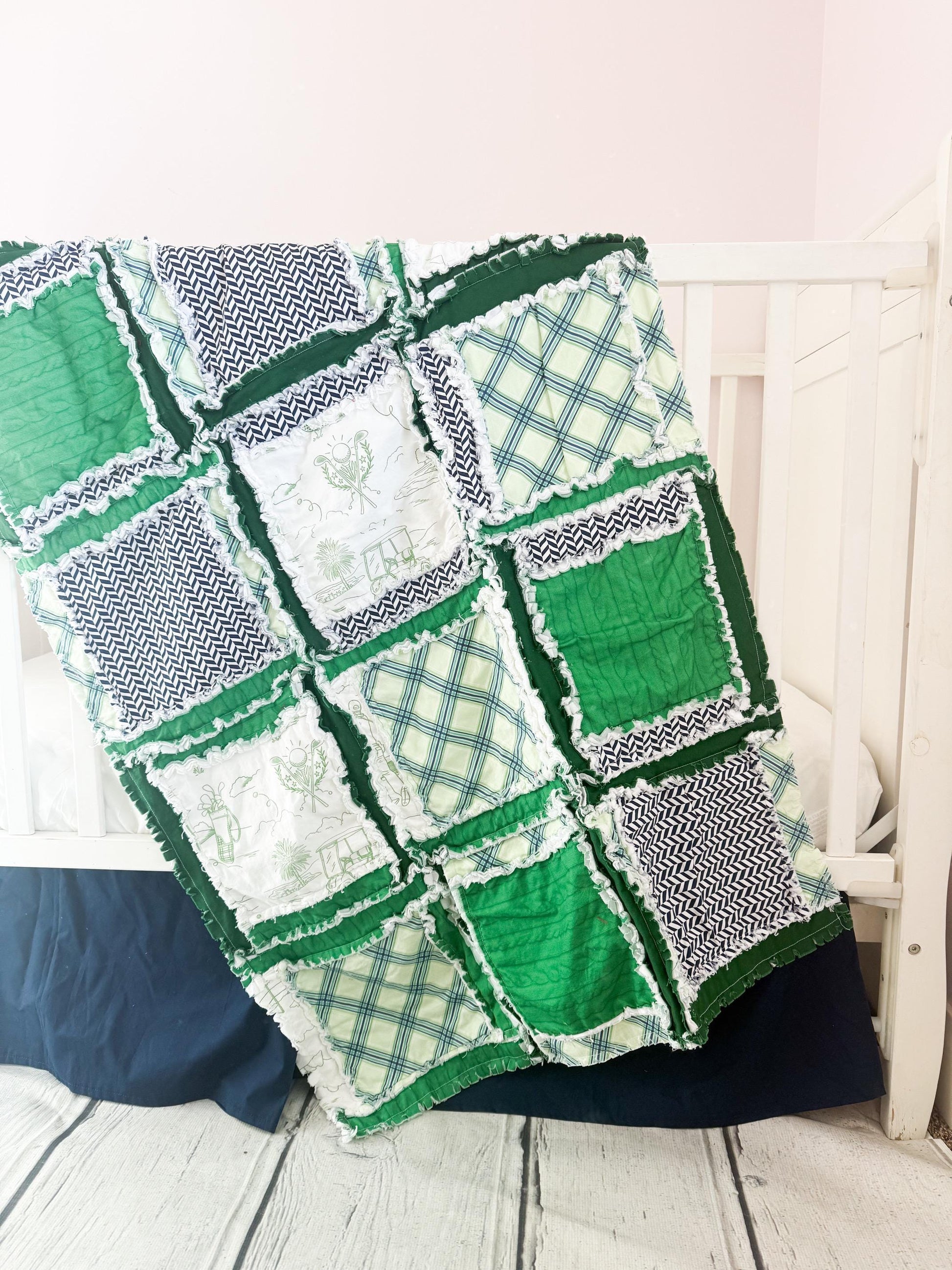 Golf Themed Baby Quilt | Green Rag Blanket for Nursery | Sports Crib Bedding | Toddler Boy Shower Gift | Handmade Patchwork Throw - A Vision to Remember