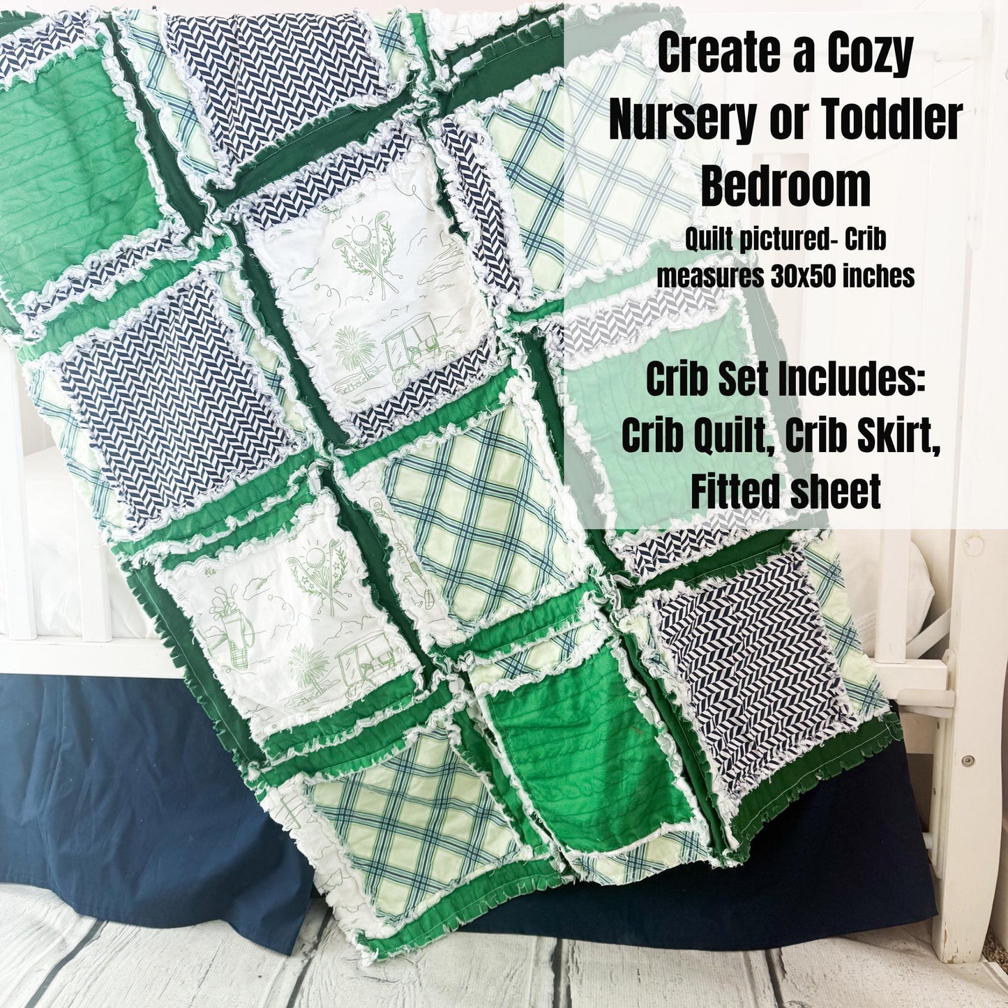 Golf Themed Baby Quilt | Green Rag Blanket for Nursery | Sports Crib Bedding | Toddler Boy Shower Gift | Handmade Patchwork Throw - A Vision to Remember
